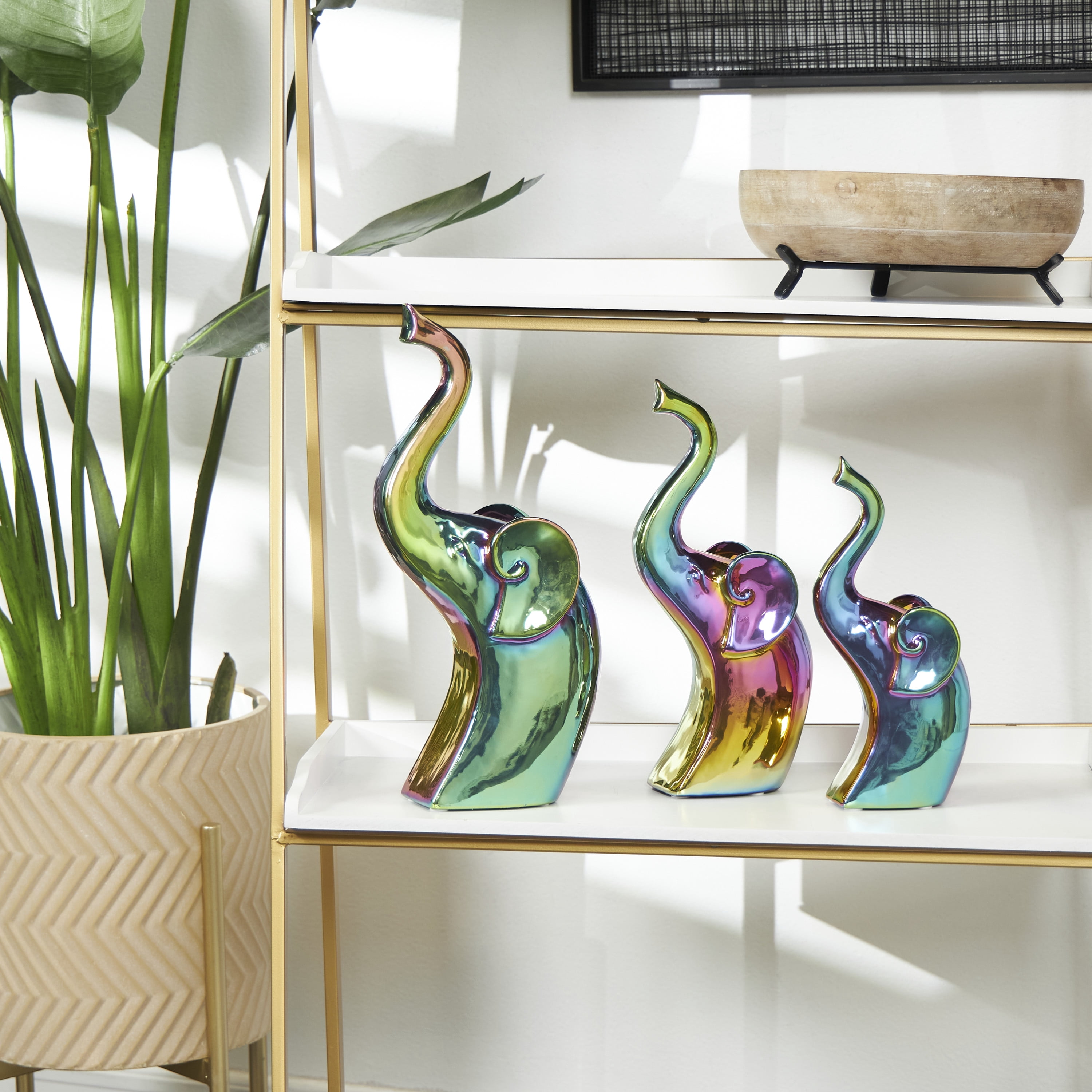 14", 12", 10"H Multi Colored Ceramic Elephant Sculpture with Rainbow Shimmer Finish, by DecMode (3 Count)