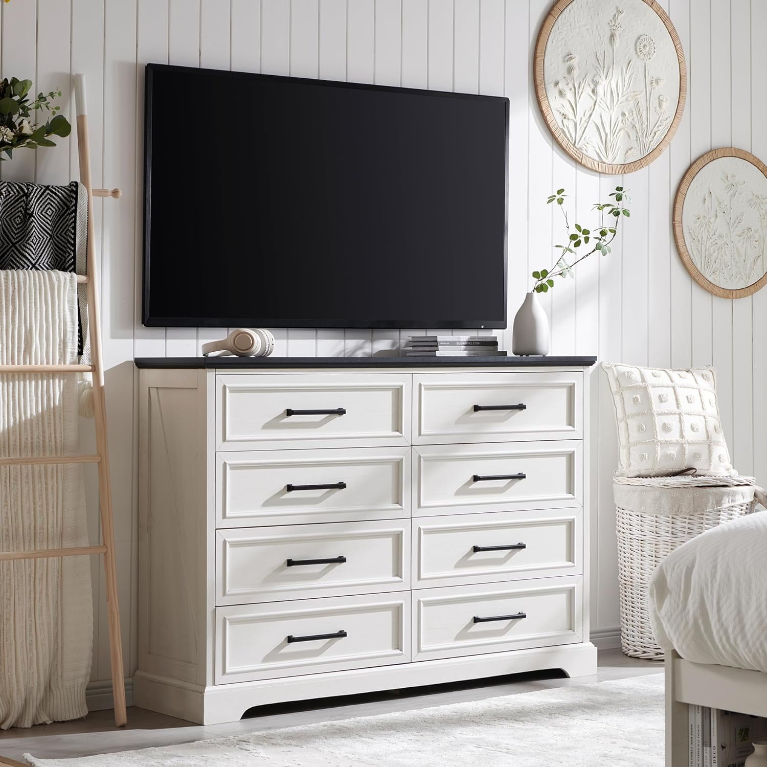 ACCOHOHO 8 Drawer Dressers Chests for Bedroom,52"Wide Rustic Wood Chest of Drawers，White