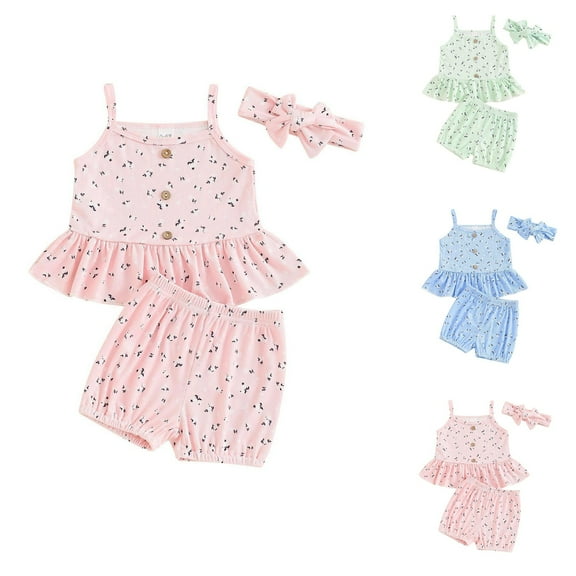 Uxgjfwu Baby Girl Outfits Summer Printed Sleeveless Tops and Shorts Set Baby Summer Clothes 3 Piece Set, Sizes 0-18M,Pink