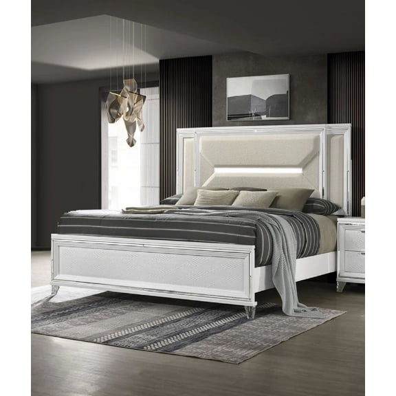 1pc White Panel Upholstery LED Light King Bed Wooden Bedroom Furniture