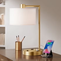 360 Lighting Colby Modern Desk Lamp 21" High Antique Gold with USB and AC Power Outlet in Base White Linen Drum Shade for Bedroom Living Room Desk