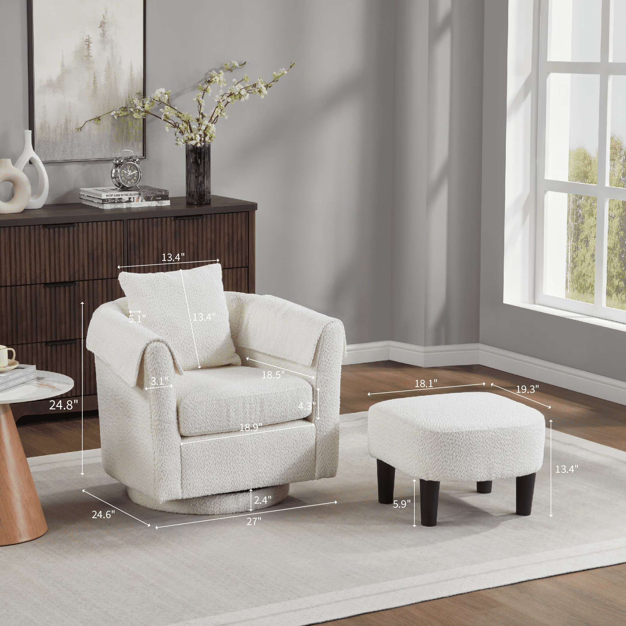 Aukfa Swivel Barrel Accent Chair with Ottoman, Upholstered Armchair Lounge Chair with Pillow & Armrest Covers,White