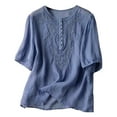 thumbnail image 4 of Uooqdmx Linen Tops for Women, Embroidered Top, Gauze Shirts for Women, Loose Embroidery Round Neck Thin Cotton Blouse, Plus Size Spring Clothes for Women, Blue M, 4 of 5