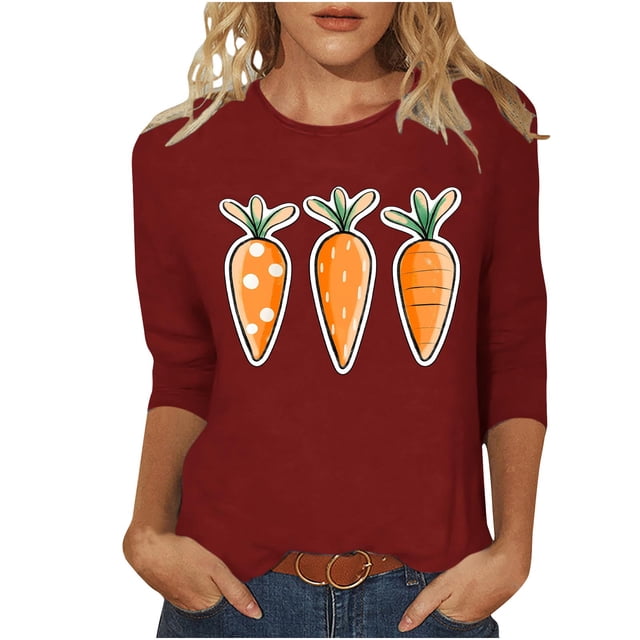 Hauts pour Femmes 2025 Blouses d'Été 2025 Printemps/été Imprimé de Pâques Manches 3/4 Col Rond Haut/chemise Blouses pour Femmes Manches 3/4