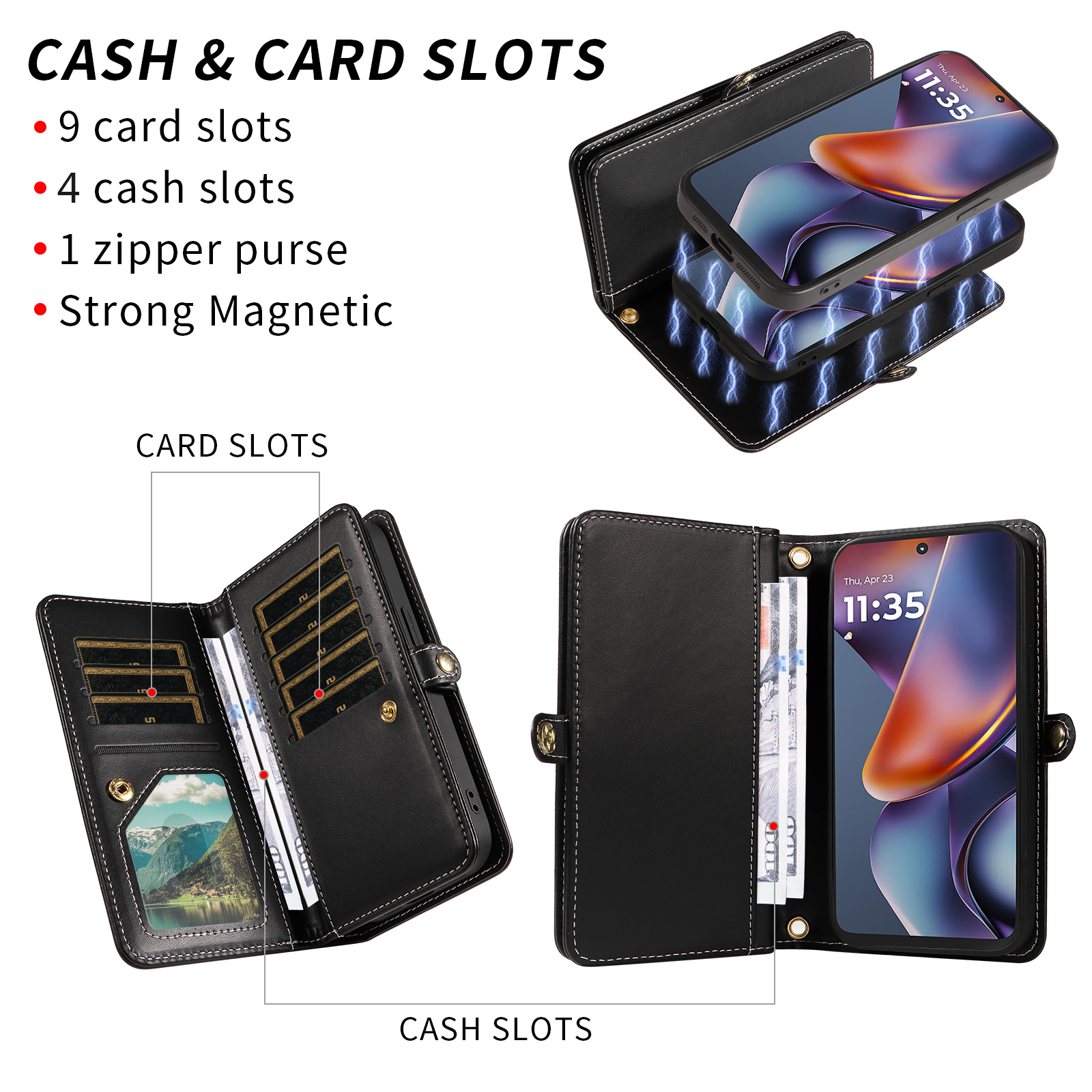Asuwish Phone Case for Motorola Moto G 5G 2025 Zipper Wallet Detachable Cell Cover with Tempered Glass Screen Protector Crossbody Lanyard Strap Bling Glitter Flip Card Holder Slot G5G 5 G Women Black