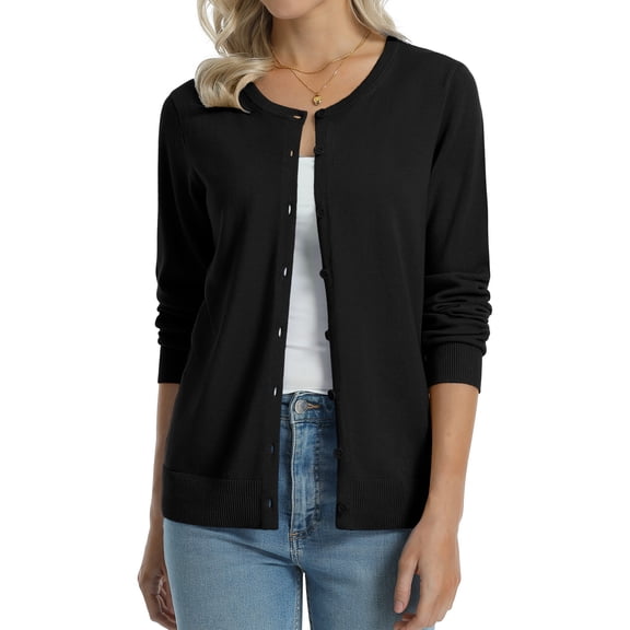 QUALFORT Women’s 100% Cotton Lightweight Button-Front Cardigan Sweater，crew neck Long Sleeve Knit