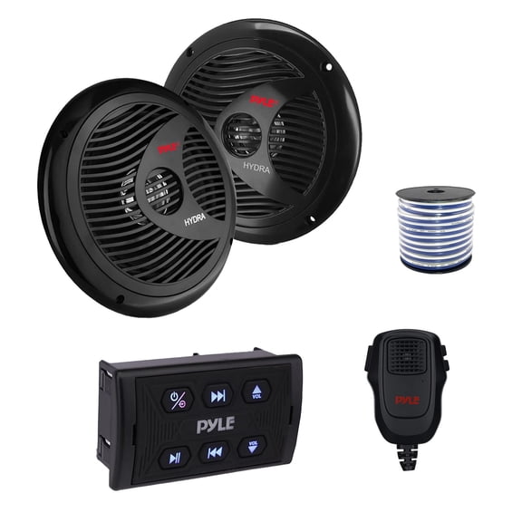 Pyle PLMRSQMIC Marine Wireless Bluetooth Controller w/Handheld Mic, 2x 6.5" 150 Watt Max Full Range Dual Cone Waterproof Marine Stereo Speakers (Black) w/Wire