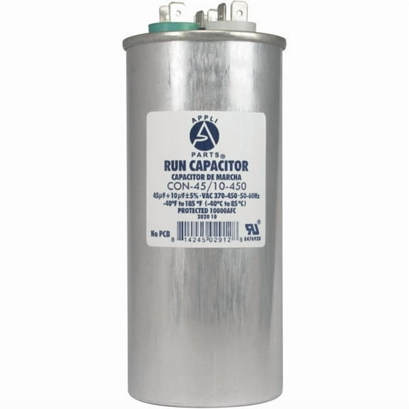 Appli Parts Dual Run Capacitor for ac 45 10 Mfd uF (microfarads) 370 VAC or 450 VAC Round Universal fit for hvac and other applications 5-3/8 in High 2-1/8 in Wide CON-45/10-450