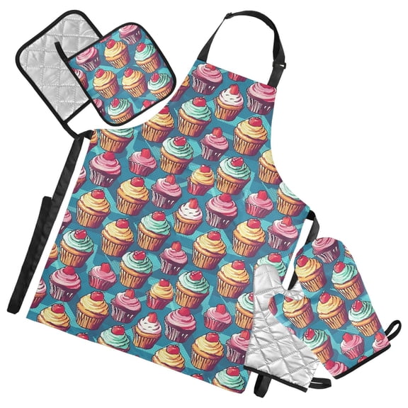 Cake with Fruits 5 Pcs Kitchen Set Heat Resistant Oven Mitts and Non-Slip Pot Holders with Adjustable Cooking Apron