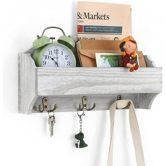 Mail Key Holder Wall Decor Letter Bill Organizer Entryway Shelf with 3 Hooks
