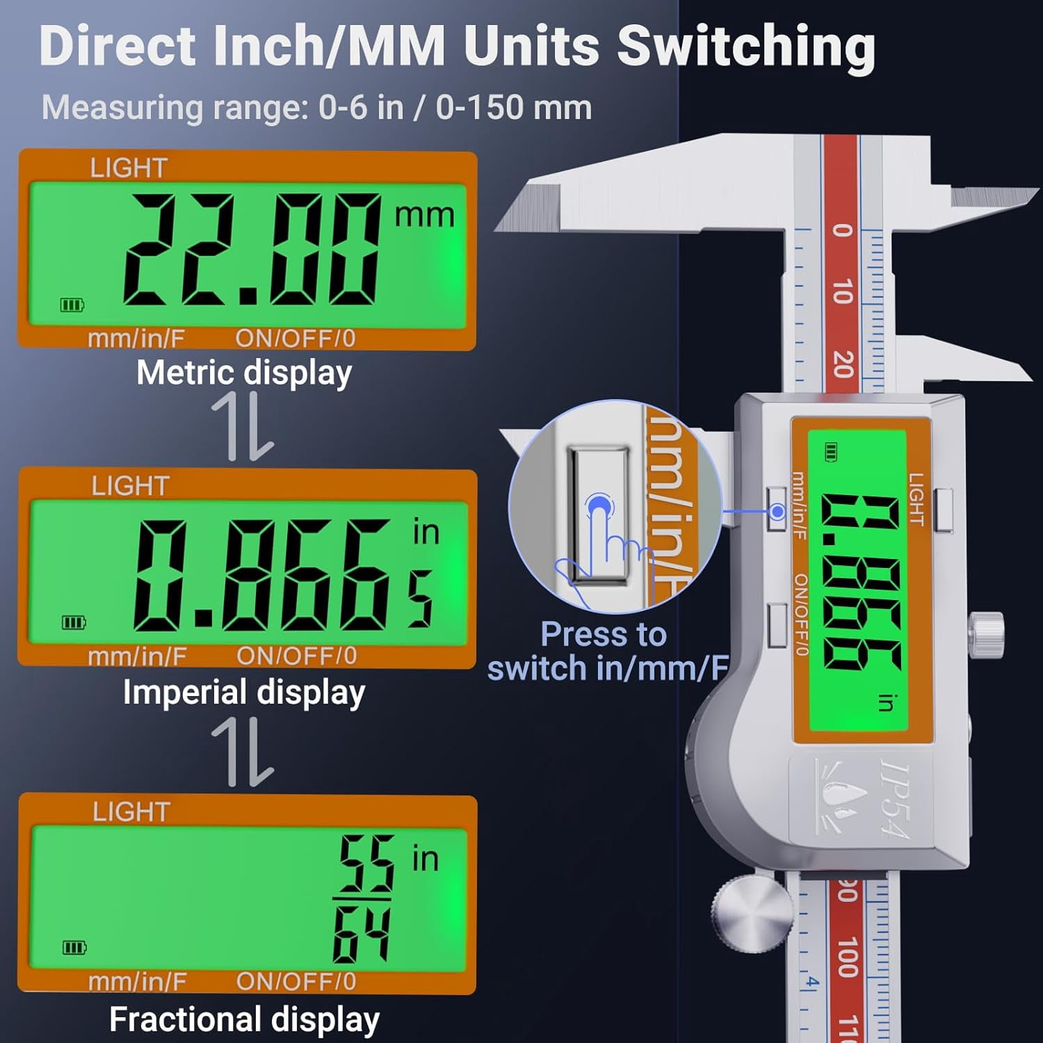 Digital Caliper Measuring Tool, Stainless Steel Digital Micrometer Vernier Caliper, with Backlight LCD, Auto-Off Feature, IP54 Splash Proof Protection and Inch Metric Conversion 6 Inch/150 mm