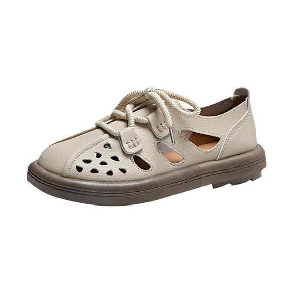 Xfvqtps Womens Breathable Lace up Sandals Fashion Hollow Cap Toe Flat Shoes with Cushioned Insole Comfortable Casual Shoes for Women Khaki