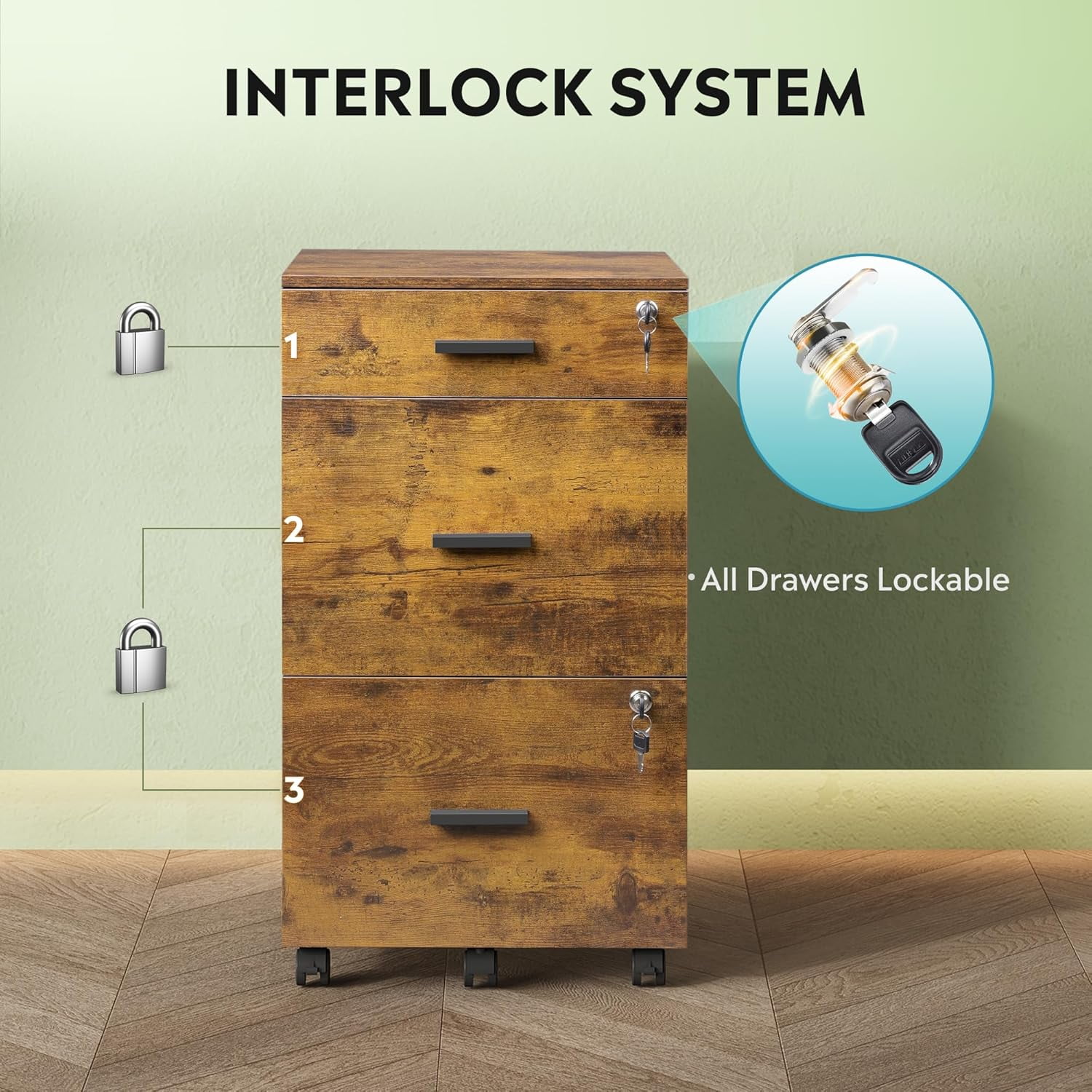 3 Drawer Rolling File Cabinet with Lock, Wood Filing Cabinet fits Letter / A4 Size for Home Office, Rustic Brown