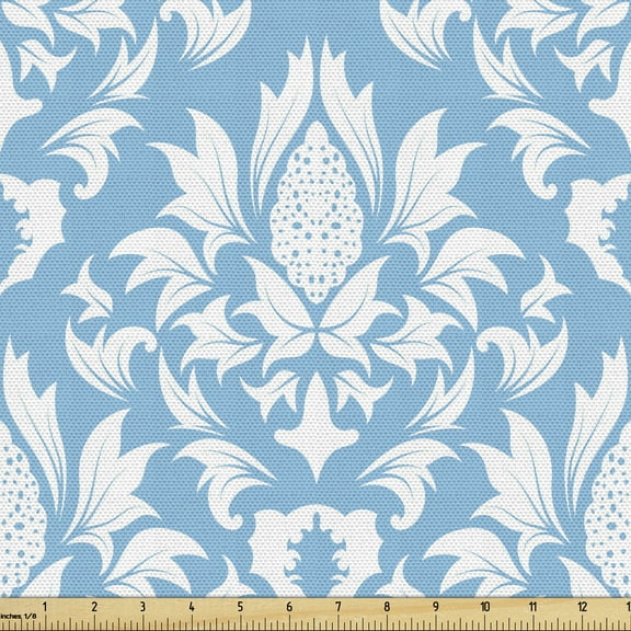 Ambesonne Damask Fabric by the Yard Upholstery, Blue White Old Garden Print, 3 Yards, Sky Blue White