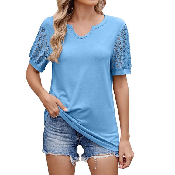 Seductiva Women's T-Shirts Short Sleeve Summer Tops Women's 2025 Spring/Summer Newomen Solid Color V Neck Lace Splicing Loose T Shirt Top Casual Summer Tops Trendy Solid Loose Fit Tshirt Loose Tees