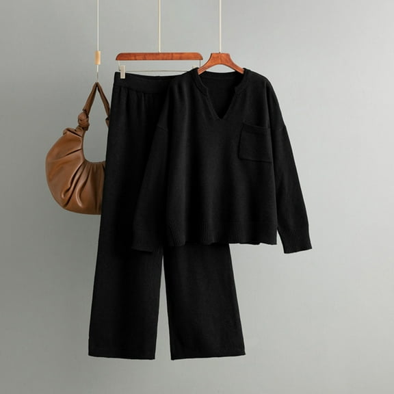 Womens 2 Piece Knitted Outfits Casual V-Neck Knit Pullover Sweater Wide Leg Pants Sweatsuit Loungewear Set New Pants Set for Women Casual Black One Size