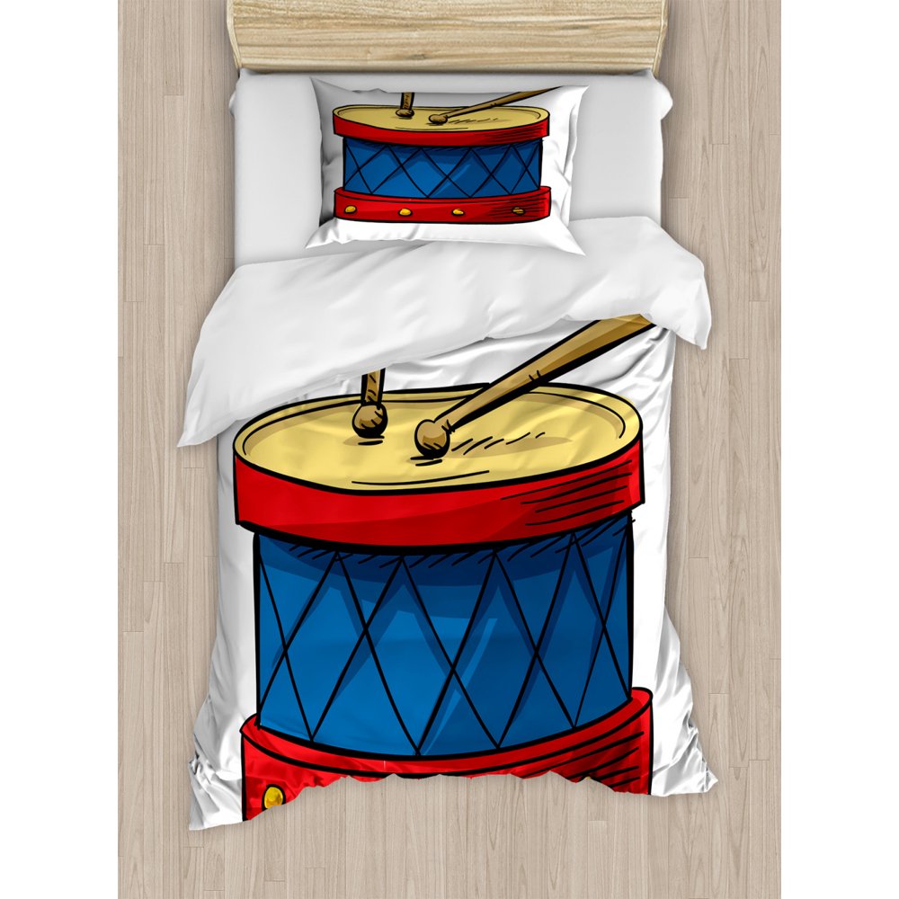 Drums Duvet Cover Set, Pattern of a Colorful Single Drum and Drumsticks