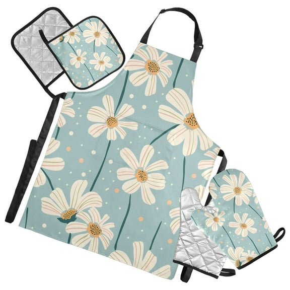 Daisy Chrysanthemum Flower 5 Pcs Kitchen Set Heat Resistant Oven Mitts and Non-Slip Pot Holders with Adjustable Cooking Apron