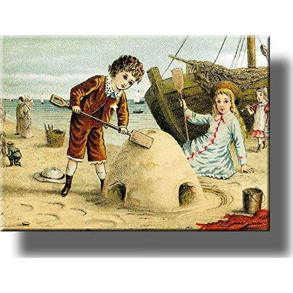 Boy and Girl Playing in Sand Vintage Style Picture on Stretched Canvas, Wall Art Décor, Ready to Hang!