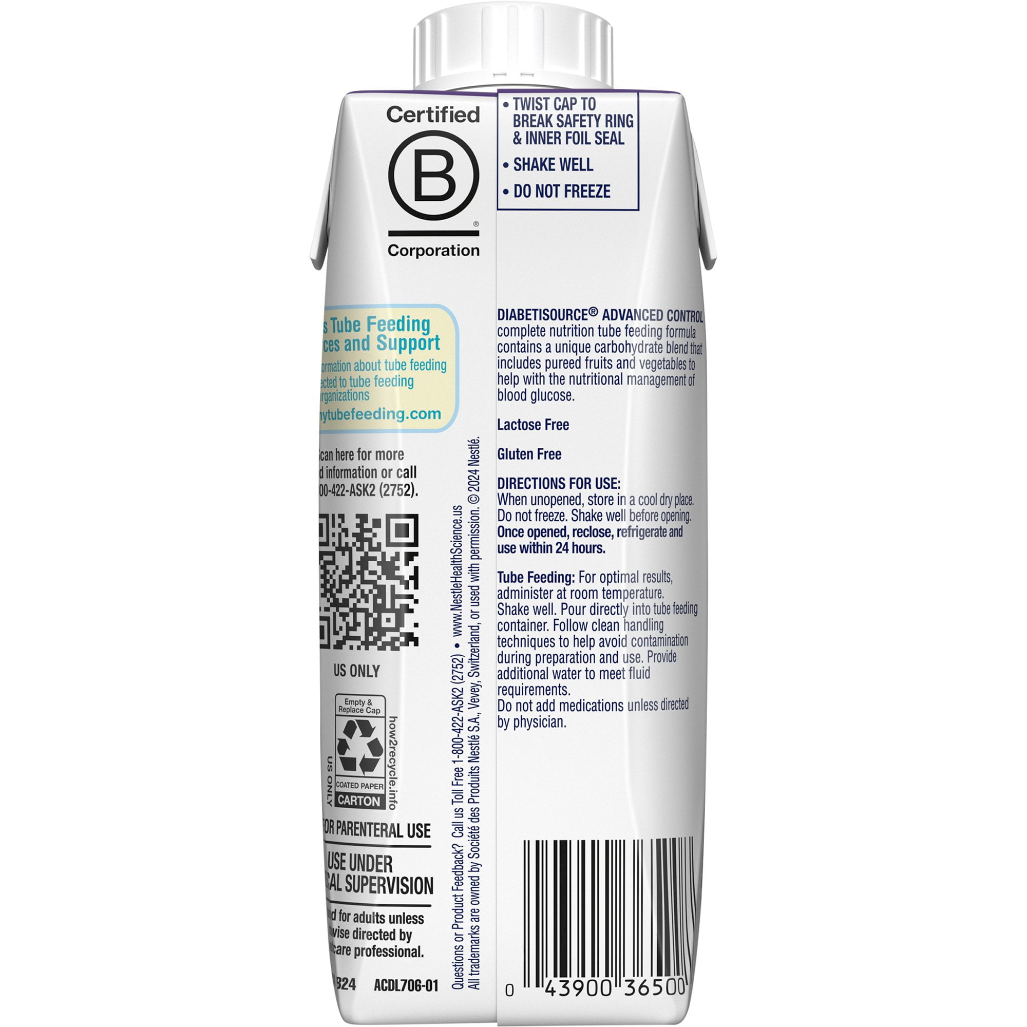 DiabetiSource AC Tube Feeding Formula, Unflavored, 250 mL Carton
