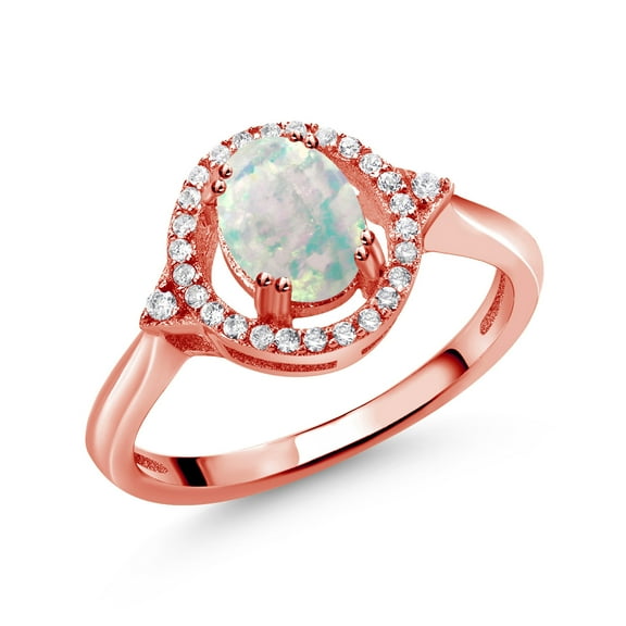 Gem Stone King 1.34 Ct Oval Cabochon White Simulated Opal 18K Rose Gold Plated Silver Ring (Size 8)