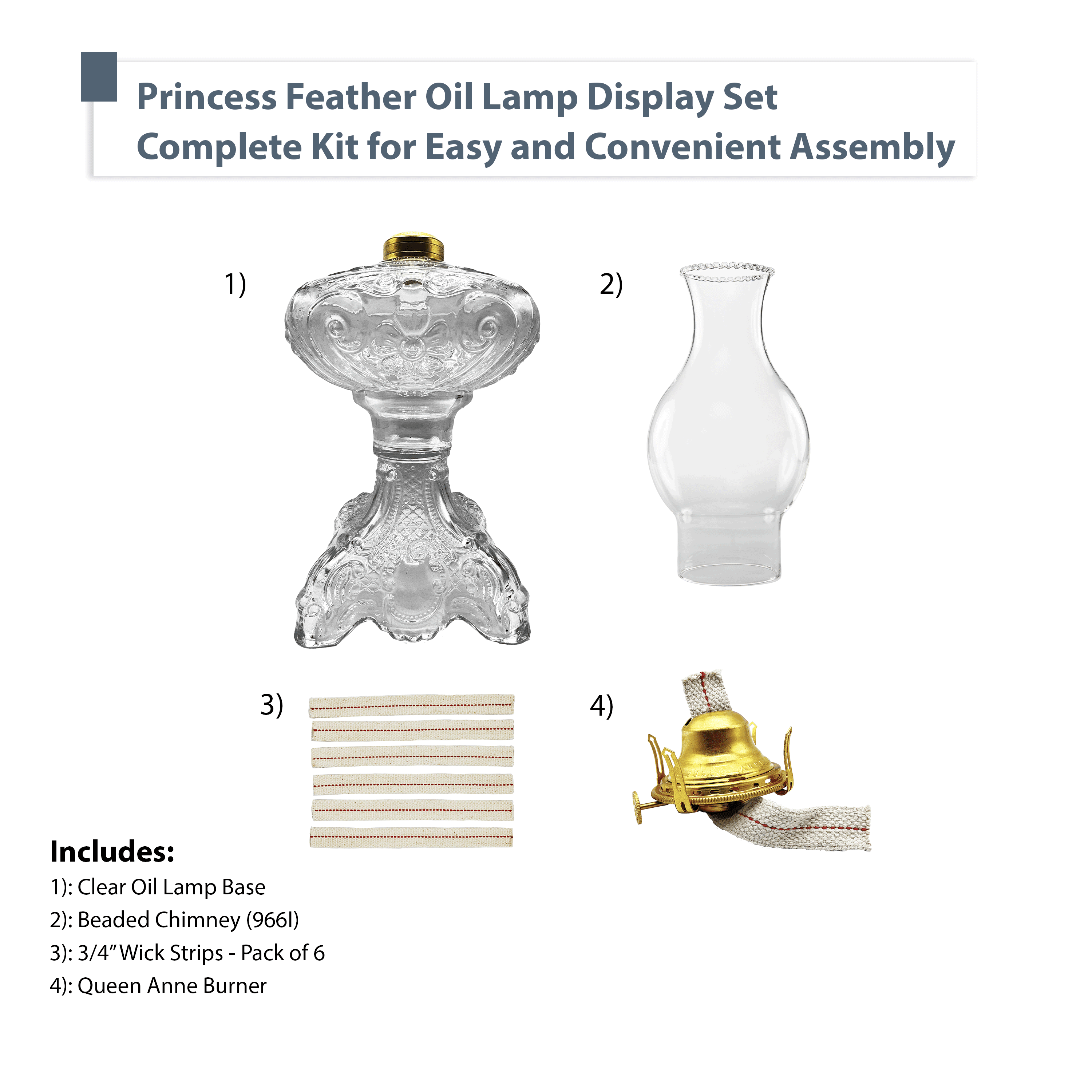 Light Of Mine Princess Feather Oil Lamp Ornate Decorative Antique Pedestal Style Glass Oil Hurricane Lamp Clear with 3/4" Wick roll Clear