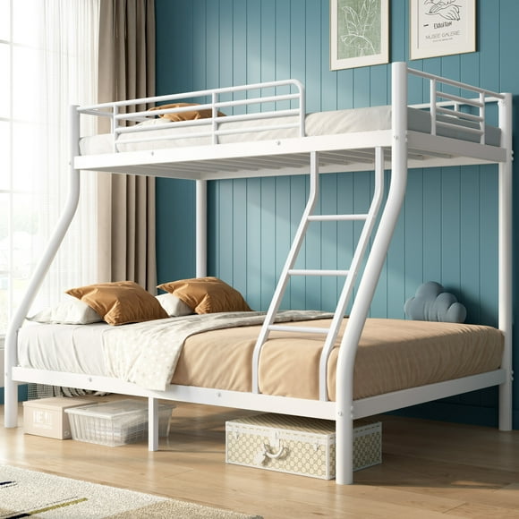 Soges Twin Over Full Bunk Bed Metal Bed Frame with Ladders, Heavy Duty Sturdy Bed Frame with Safety Guardrail For Adults, No Box Spring Needed, White