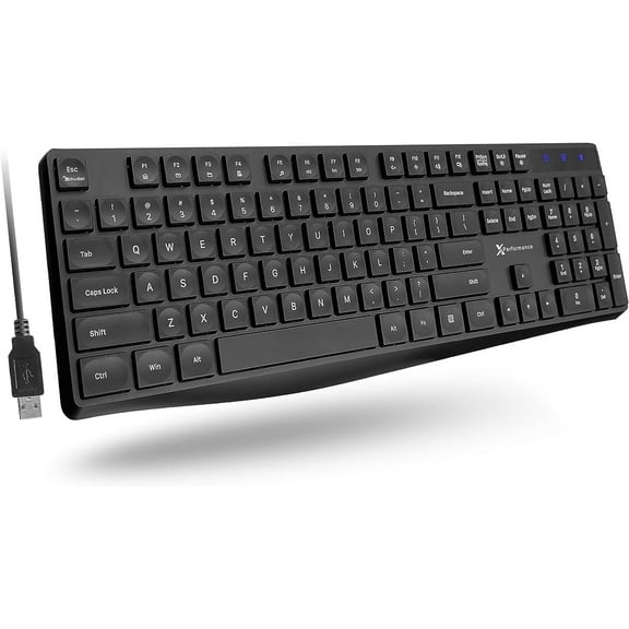 X9 Performance Ergonomic Computer Keyboard Wired - USB Keyboard for Laptop, Windows PC Desktop, Office Use with 5ft Cable Wire, 104 Quiet Keys, 14 Shortcuts, and Kickstand - Black