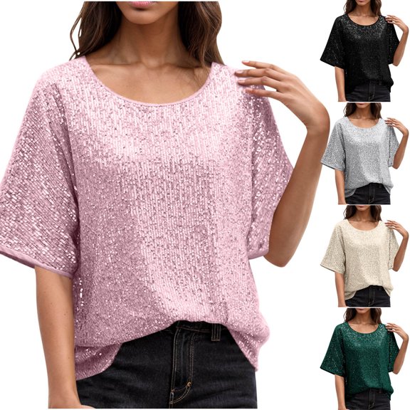 Feancey Summer Tops for Women Trendy Sequin Short Sleeve V Neck Blouses Loose Fit Trendy Glitter T Shirts Party Night Sparkly Tunic Top Black XXL