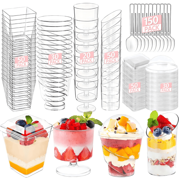 380 Pack 5oz Clear Dessert Cups with Lids and Spoons, Round Plastic Parfait Shooter Cups for Yogurt, Fruit, Ice Cream, Pudding, Cake, Party Serving, Appetizer Containers