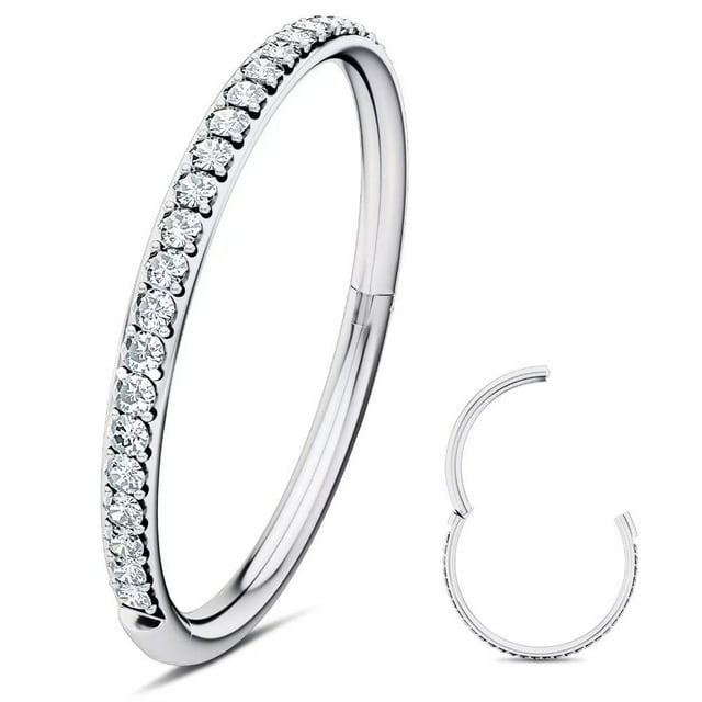LNGOOR 316L Surgical Steel Hinged Nose Rings Hoop with Zircon 16G Body Pierecing Ring Segment Clicker Lip Rings Cartilage Rook Diameter 8mm (Silver)