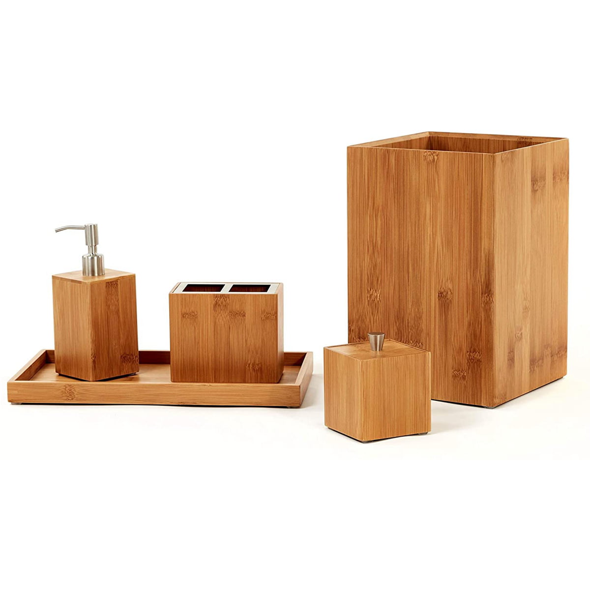 Bamboo 5 Piece Bathroom Essentials Set Bath Vanity Room Organizer Accessories 