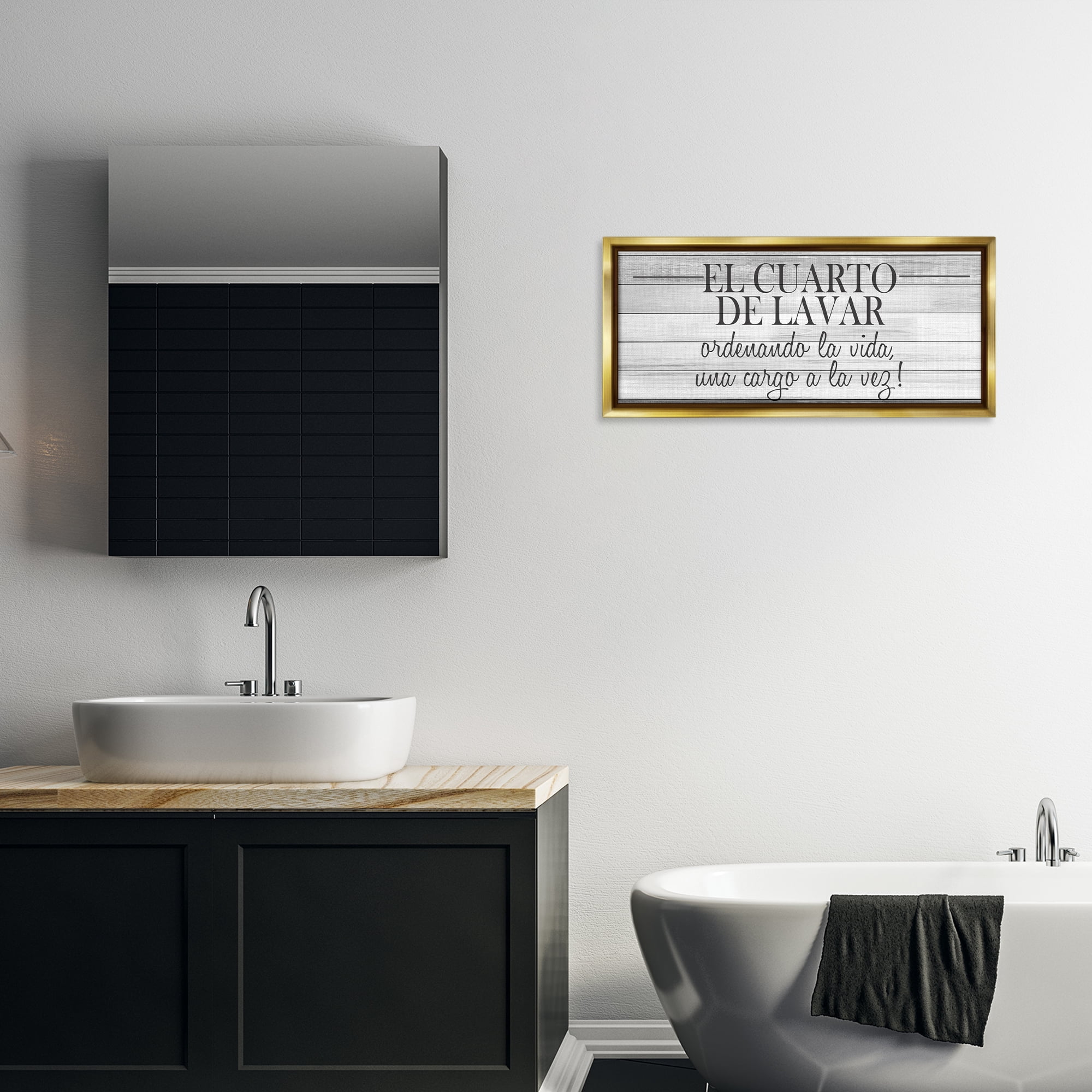 Stupell Industries Cuarto de Lavar Ordenando la Vida Bath & Laundry Painting Gold Floater Framed Art Print Wall Art, 31 x 14