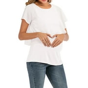 XZNGL Summer Round Neck Short Sleeve Ruffle Maternity Breastfeeding Clothe T-shirt Top