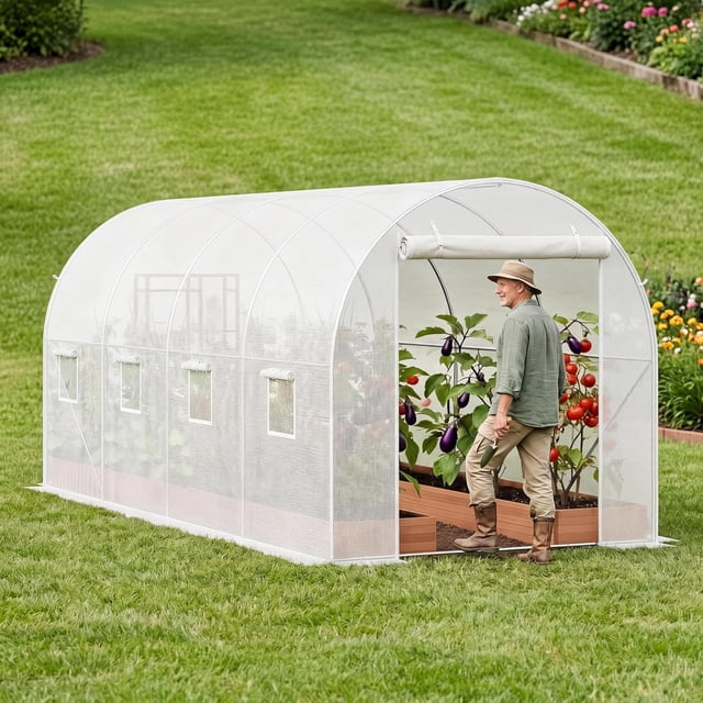14.6 x 6.4 x 6.3 Ft Walk-Through Plant Greenhouse, Galvanized Frame with Zippered Roll-Up Entry & 8 Mesh Windows, All-Weather PE Cover for Backyard Vegetable Garden