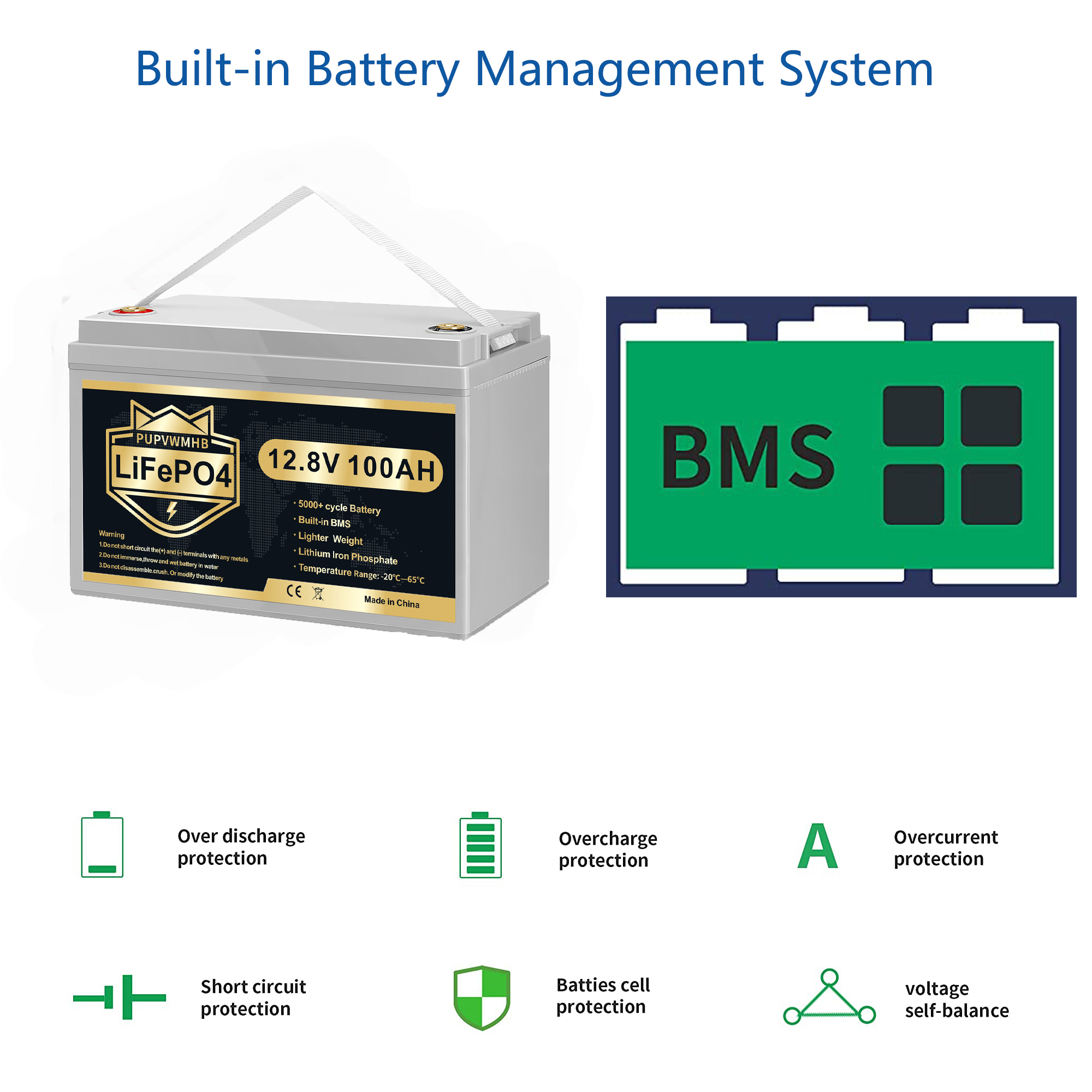 PUPVWMHB 12V 100Ah Bluetooth LiFePO4 Lithium Battery, 100A BMS,Low Temperature Protection with Up to 8000 Cycles, Max. 1280Wh Energy LiFePO4 Battery, Perfect for RV, Solar, Trolling Motor