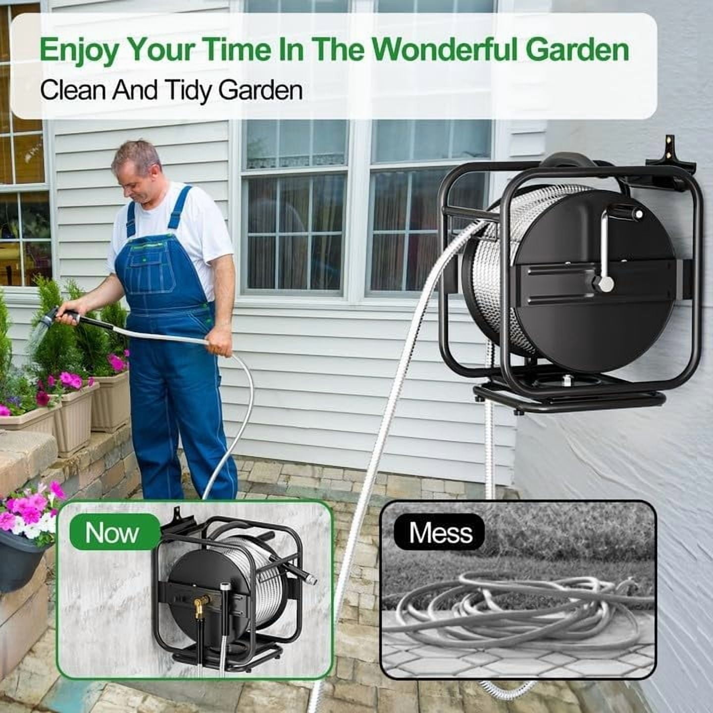 SPECILITE Metal Garden Hose Reel with 100ft 304 Stainless Steel & Aluminum Nozzle, Wall Mount/Floor Water Pipe Spool