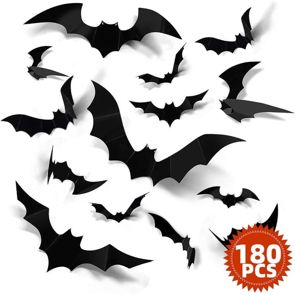 Halloween Hanging Bat Sticker, Realistic Black Scary Bats Indoor Vintage Halloween Decor for Wall Window Halloween Party Decorations, 180Pcs