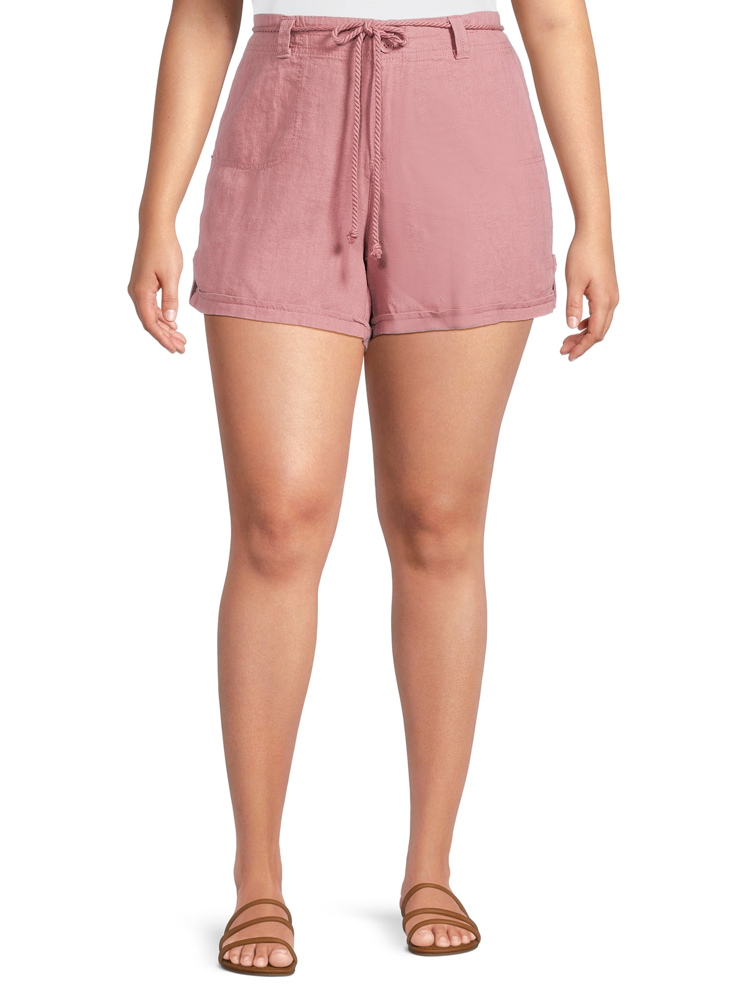 Dollhouse Women's Plus Size Cuffed Linen Shorts with Rope Belt