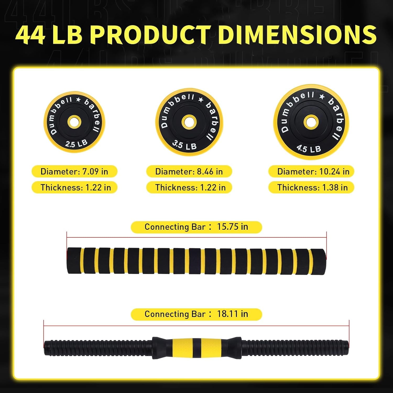 Luku 2-In-1 Adjustable Dumbbell Set, Dumbbell Weights Used As Dumbbell and Barbell Set, 44 Lb-Yellow