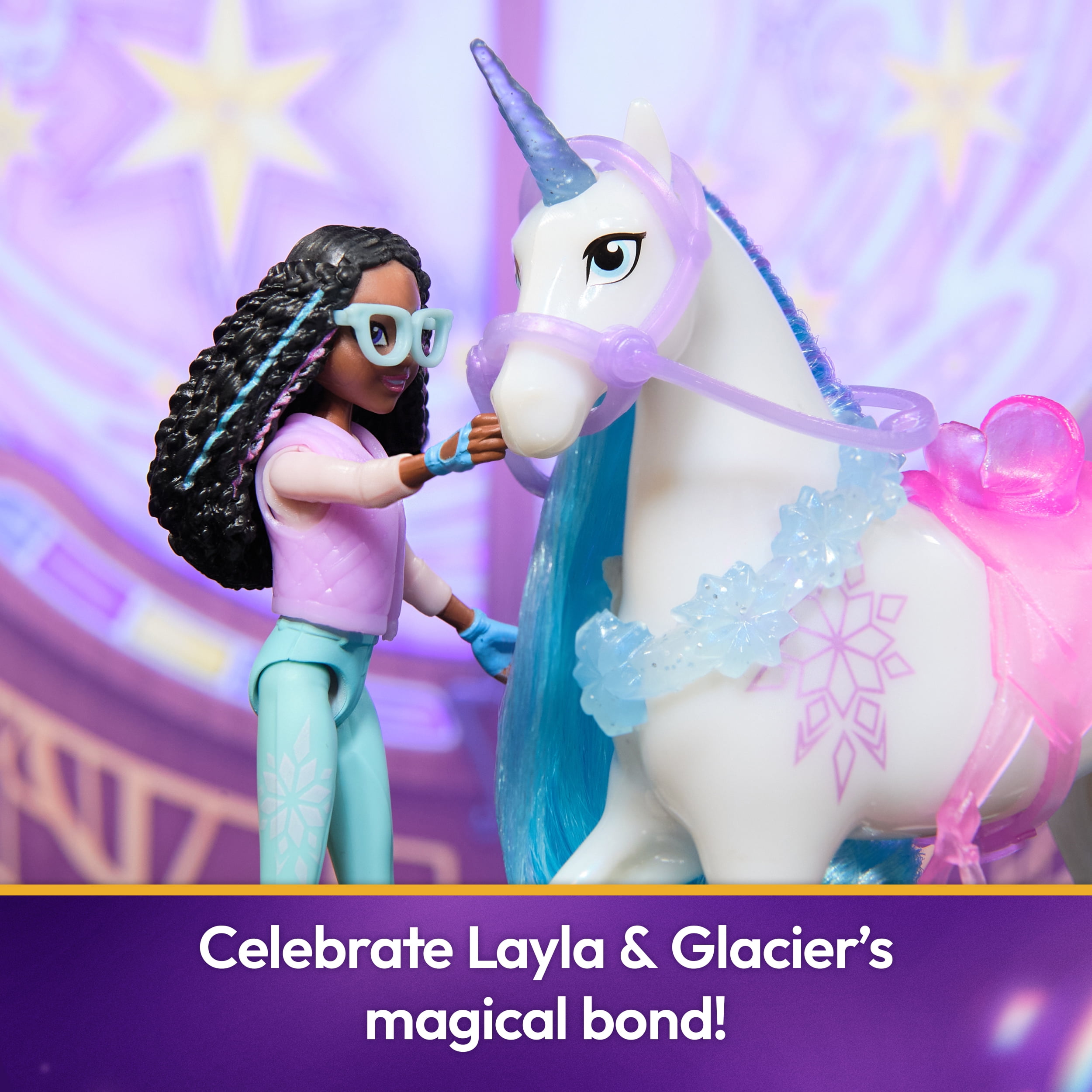 Unicorn Academy, Coffret Layla & Glacier Power of Friendship avec selle et 2 accessoires de pouvoir translucides, poupées et licornes pour filles à partir de 4 ans