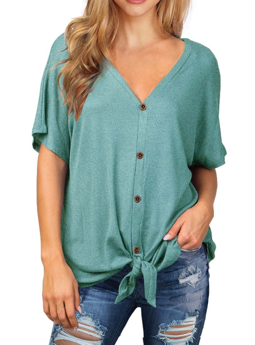 JWD Womens Waffle Knit Tunic Blouse Tie Knot Short Sleeve Henley Tops Loose Fitting Bat Wing Shirts Blue-Green Large