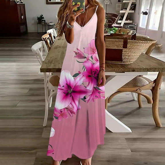 Viikei Women's Summer Casual Short Sleeve Dressy Dresses,Summer Dresses for Women Plus Size,Fashion Women Summer Casual Solid V-Neck Camis Sleeveless Long Dress Pink S