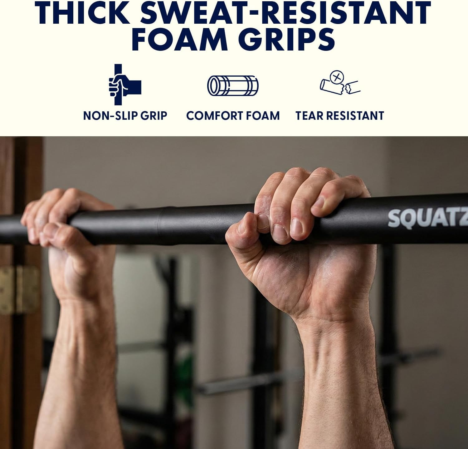 Squatz Doorway Pull Up Bar – Adjustable 29.5–37" No-Drill Door Frame Chin-Up Bar with Level Meter, Locking Mechanism, Foam Grips & Portable Design for Home Workouts