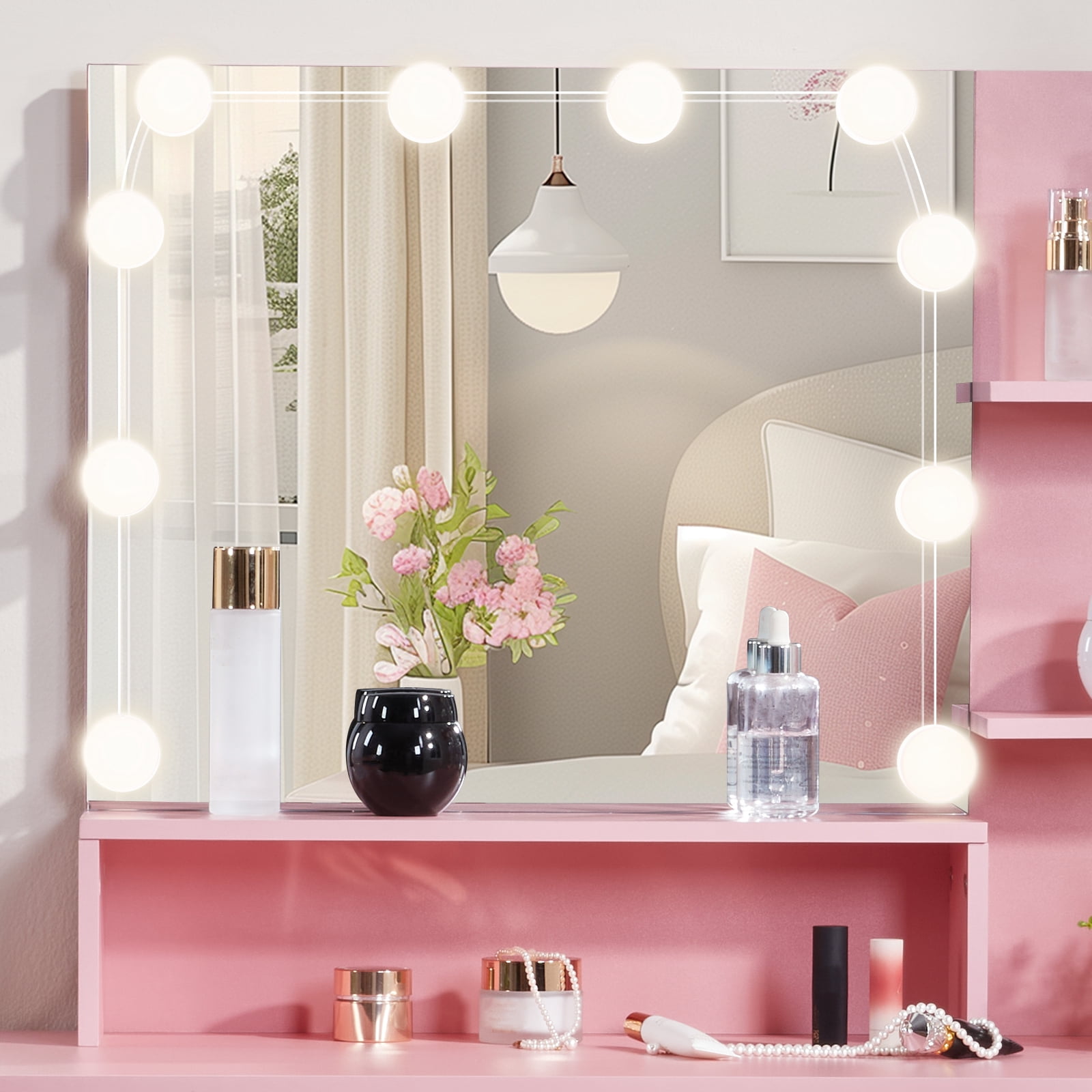 Vanity Set with 1 Drawer, 1 Door and 3 Shelf Layers, Three-Tone Dimmable Globe Bulb Lamp, Pink Textured Particle Board with Melamine Coating
