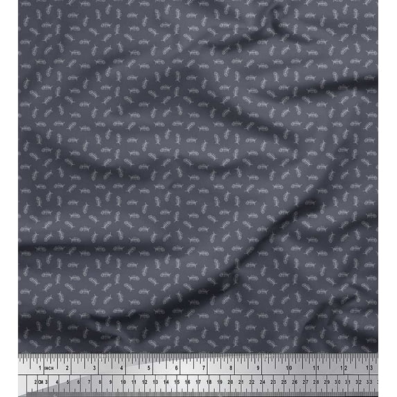 Soimoi Satin Silk Fabric Fish Skeleton Small Print Fabric by The Yard 42 Inch Wide