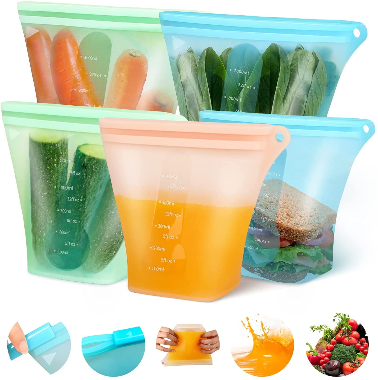 Reusable Silicone Food Bag, Xomoo Leakproof Zip Stand Up Storage Bags  Container for Sandwich Fruit Snack Vegetables Washable Bpa Free Dishwasher  Safe. (Set of 6) – XOMOO