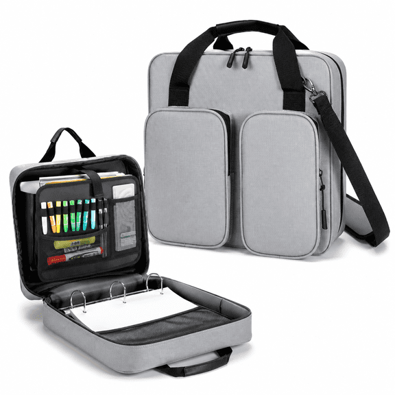 Grey 3 Inch 3 Ring Zipper Binder with Multi-Pockets and Shoulder Strap
