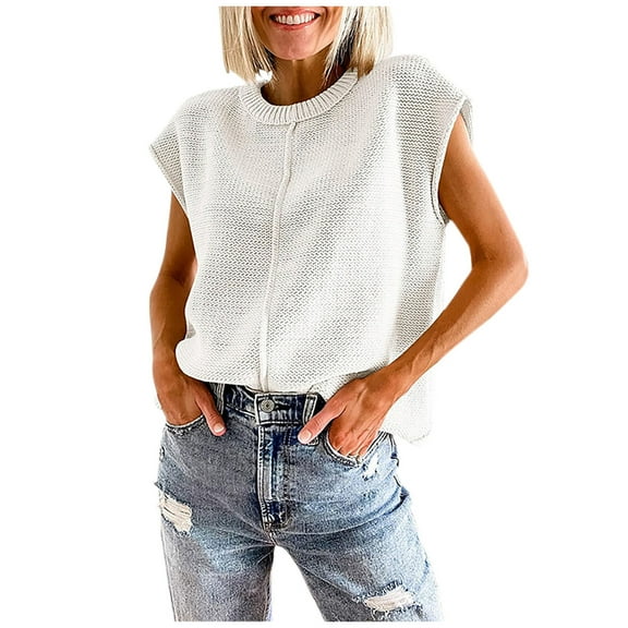 Women's Casual Cap Sleeve Knit Sweater Vests for Women Loose Crew Neck Sweater Solid Sleeveless Vests Pullover Fall Top