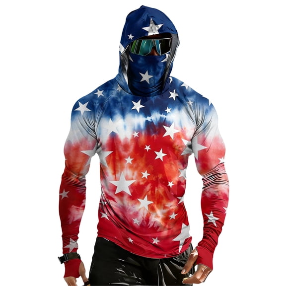 UPF 50 Fishing Shirts for Men Patriotic American Flag Red White Blue Star Stripes 4th of July Sun Protection Patriotic Hoodie Outdoor Fishing Gear for Hiking Running